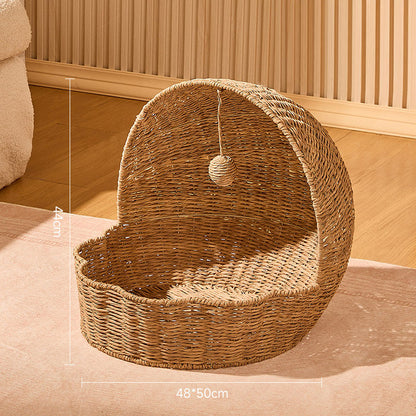 Woven Rattan Shell Semi-Enclosed Cat Bed