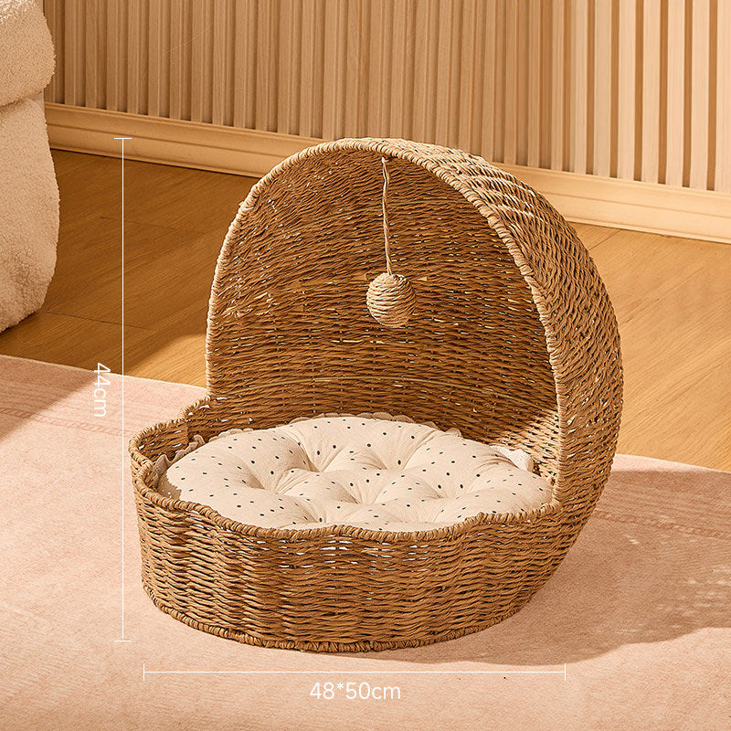 Woven Rattan Shell Semi-Enclosed Cat Bed