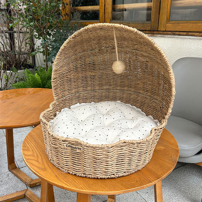 Woven Rattan Shell Semi-Enclosed Cat Bed