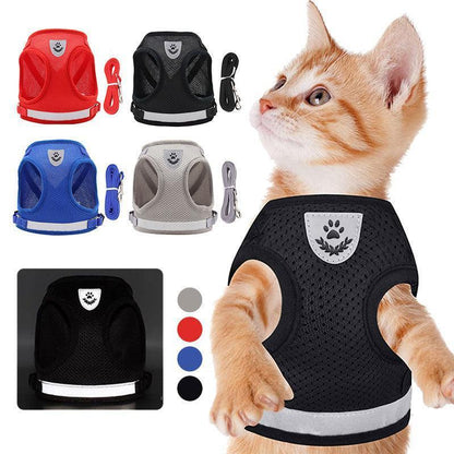 Cat Harness Reflective Breathable Chest Vest 4 Color Pet Leash Set