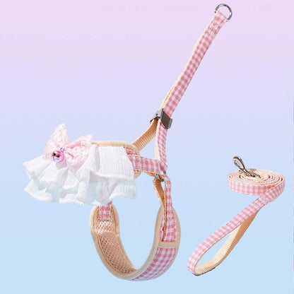 Cat Harness Bow Bell Leash Set Pink Travel Vest