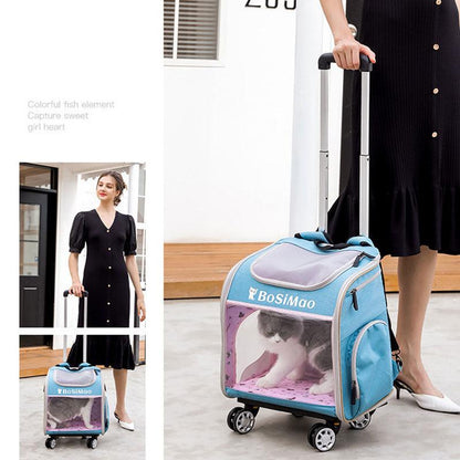 Cat Carrier Backpack With Wheels Foldable Travel Blue Pet Trolley Bag