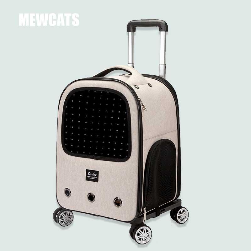 Trolley Cat Carrier Backpack With Wheels Large Space Breathable Beige Pet Bag