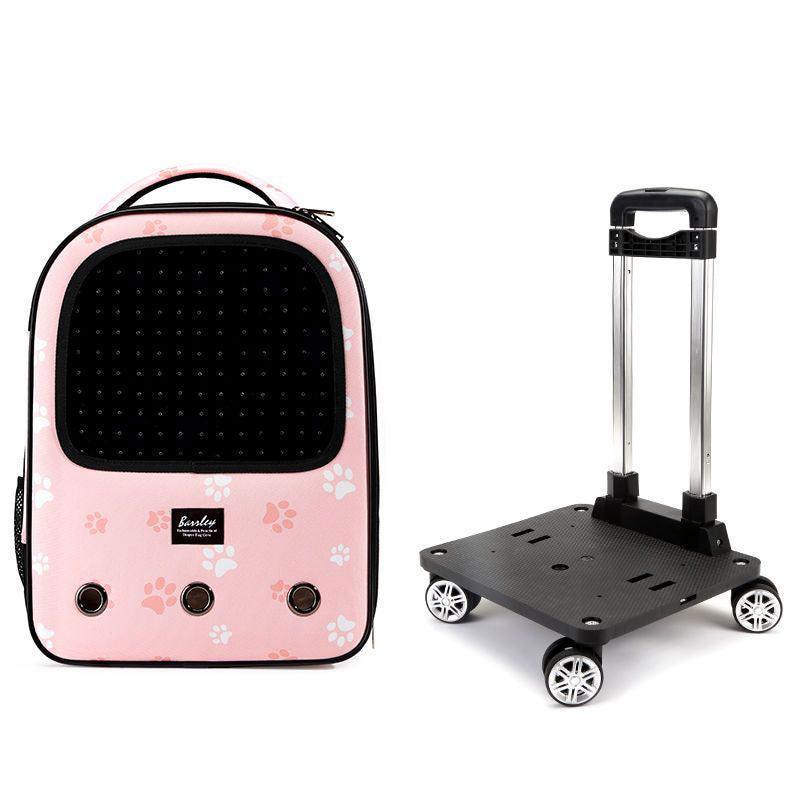 Trolley Cat Carrier Backpack With Wheels Rolling Large Space Breathable Pink Pet Bag