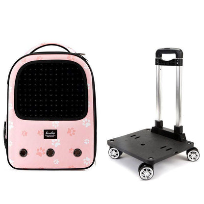 Trolley Cat Carrier Backpack With Wheels Rolling Large Space Breathable Pink Pet Bag