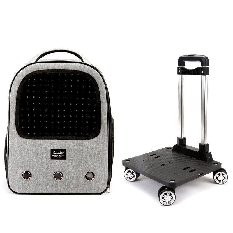 Trolley Cat Carrier Backpack With Wheels Rolling Large Space Breathable Grey Pet Bag