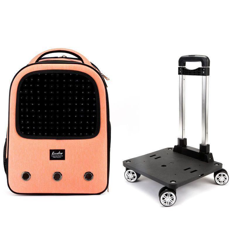 Trolley Cat Carrier Backpack With Wheels Rolling Large Space Breathable Orange Pet Bag