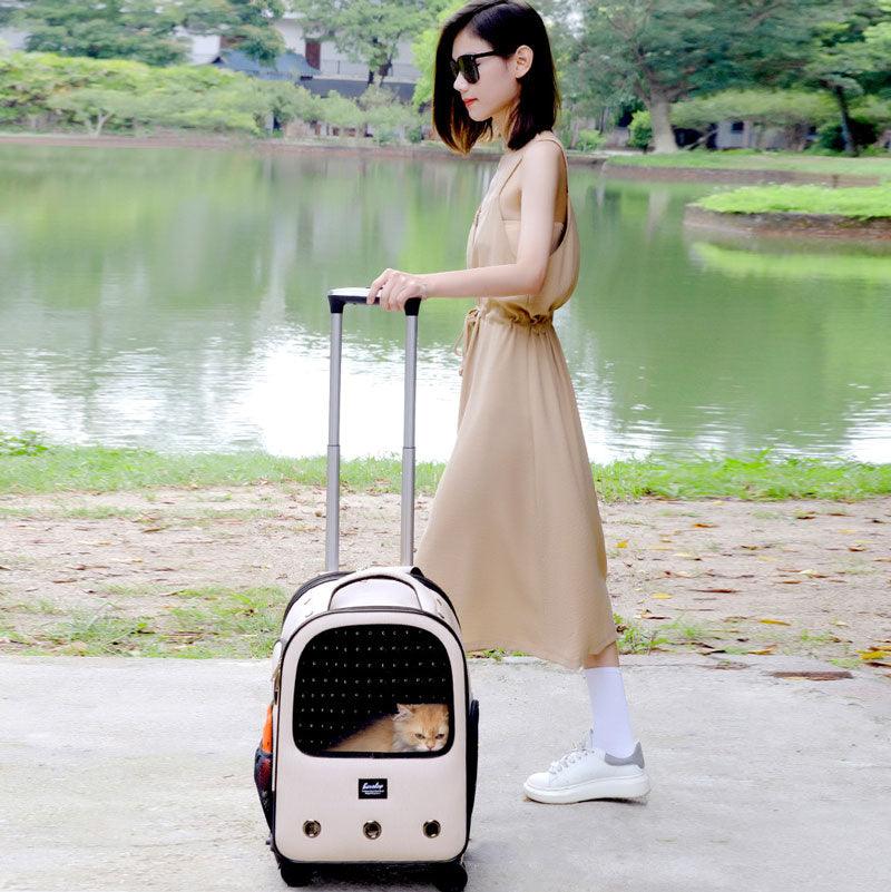 Trolley Cat Carrier Backpack With Wheels Rolling Large Space Breathable Beige Pet Bag