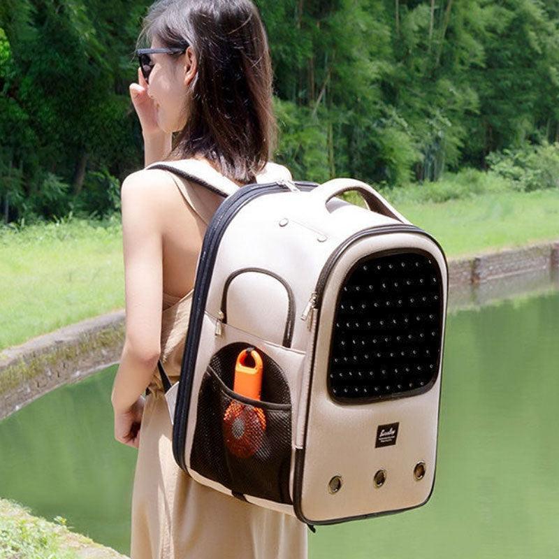 Trolley Cat Carrier Backpack With Wheels Rolling Large Space Breathable Beige Pet Bag