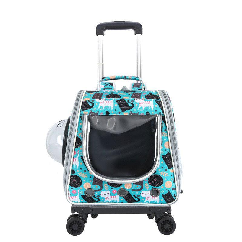 Cat Carrier Backpack With Wheels Pet Suitcase Stroller Green Large Space Trolley