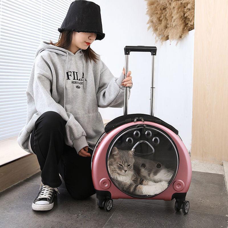 Cat Carrier Backpack With Wheels All-in-one Transparent Red Pet Trolley Case