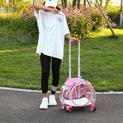 Cat Carrier Backpack With Wheels All-in-one Transparent Pink Pet Trolley Case