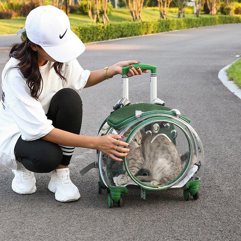 Cat Carrier Backpack With Wheels All-in-one Transparent Green Pet Trolley Case
