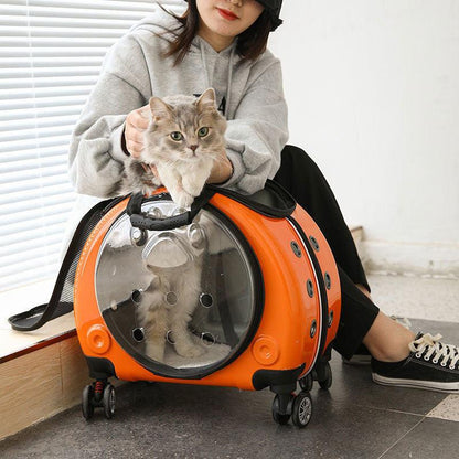 Cat Carrier Backpack With Wheels All-in-one Transparent Orange Pet Trolley Case