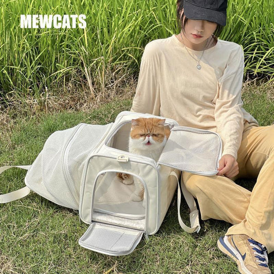 Cat Carrier Shoulder Bag Expandable Tote Foldable Beige Pet Handbag