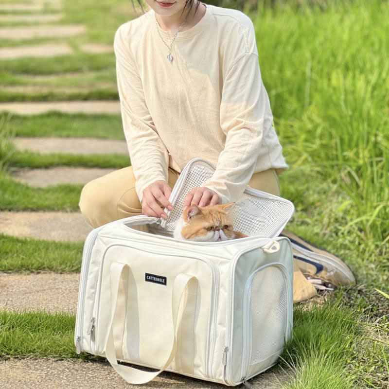 Cat Carrier Shoulder Bag Expandable Tote Foldable Beige Pet Handbag