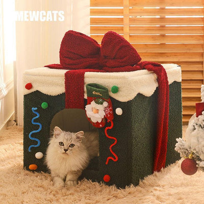 Christmas Gift Box Cat Bed Winter Warm House