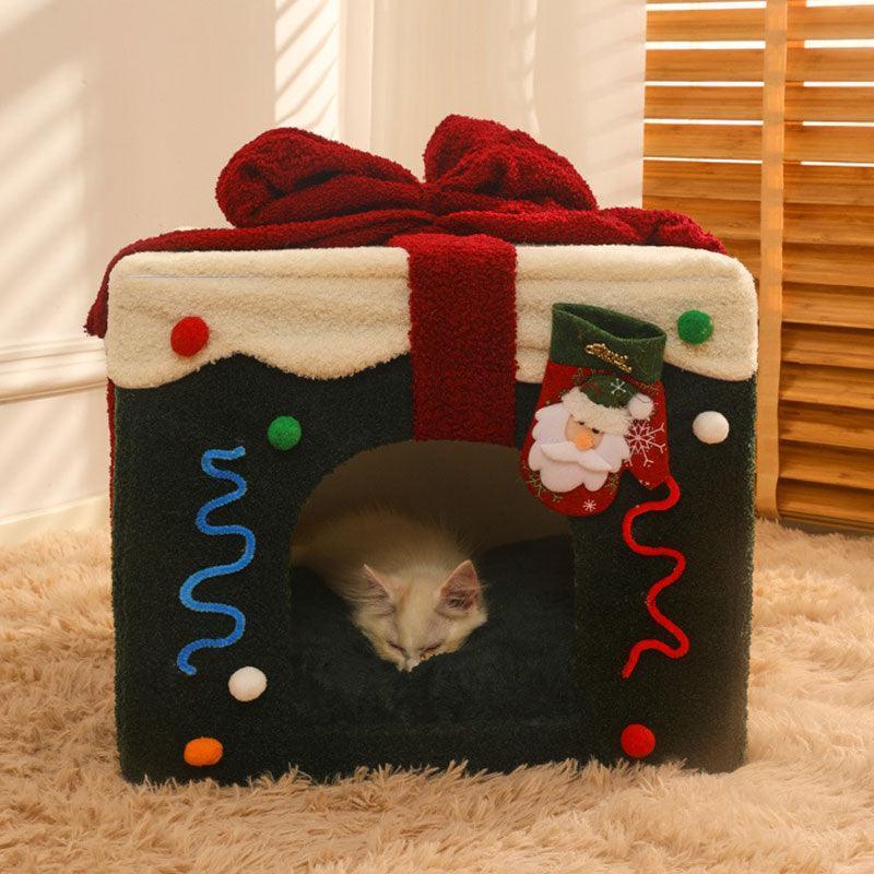 Christmas Gift Box Cat Bed Winter Warm House