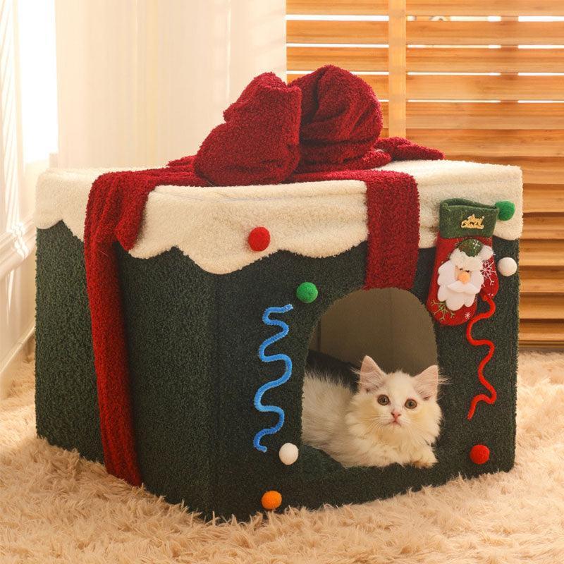 Christmas Gift Box Cat Bed Winter Warm House