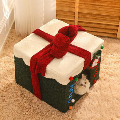 Christmas Gift Box Cat Bed Winter Warm House