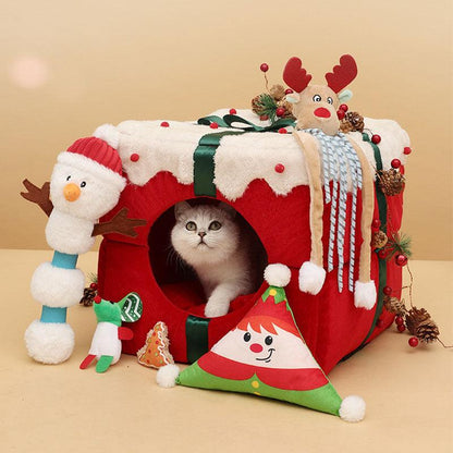 Christmas Gift Box Cat Bed Winter Warm House
