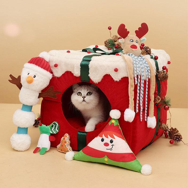 Christmas Gift Box Cat Bed Winter Warm House