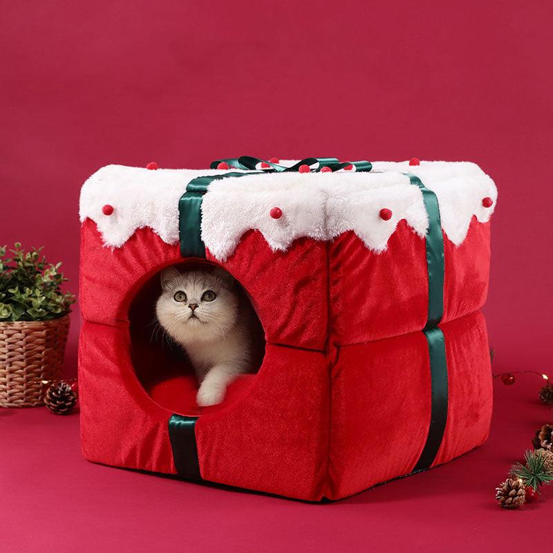 Christmas Gift Box Cat Bed Winter Warm House