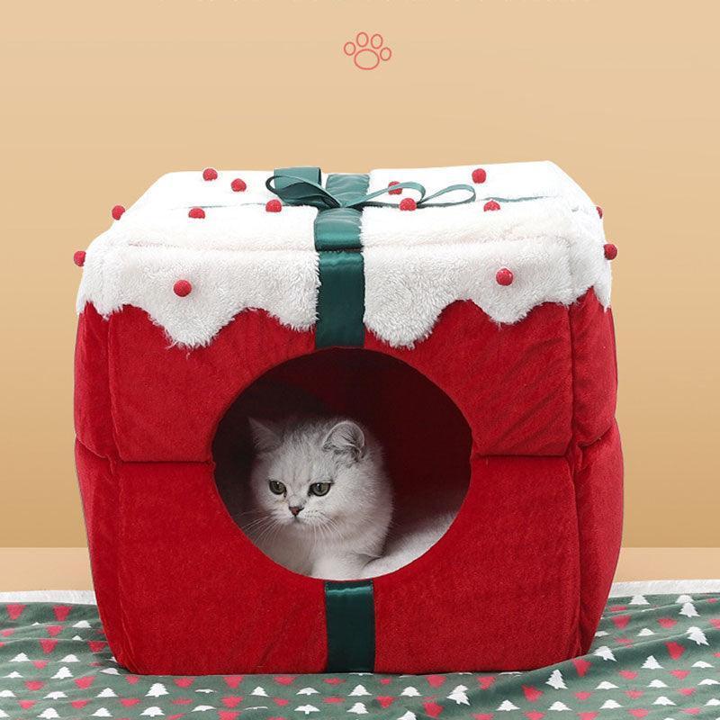 Christmas Gift Box Cat Bed Winter Warm House