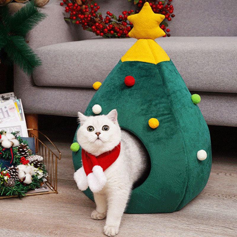 Christmas Tree Shape Cat Bed House Green Pet Nest Cave Tent