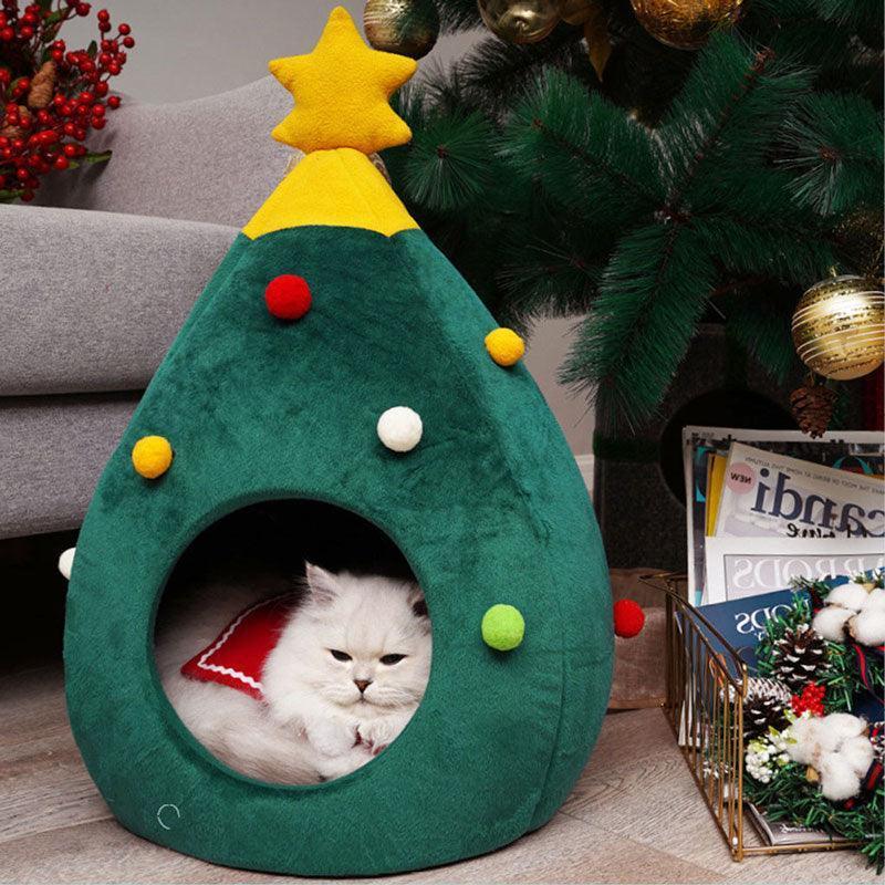 Christmas Tree Shape Cat Bed House Green Pet Nest Cave Tent