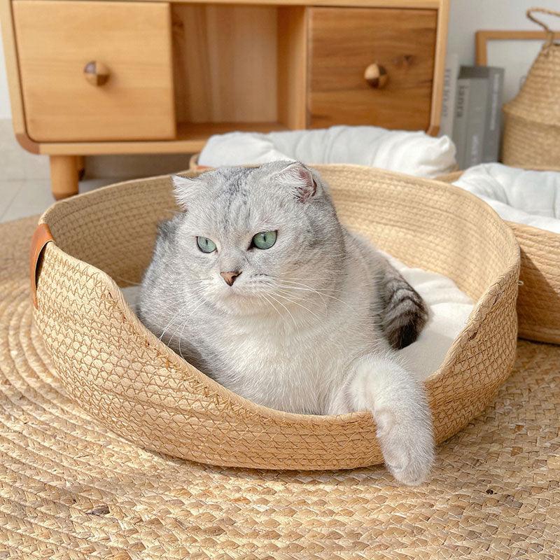 Four Seasons Cooling Pet Bed Hand Made Paper Rope Round Cat Cozy Nest