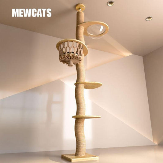 Curved Wood Floor to Ceiling Cat Climbing Tree - MEWCATS
