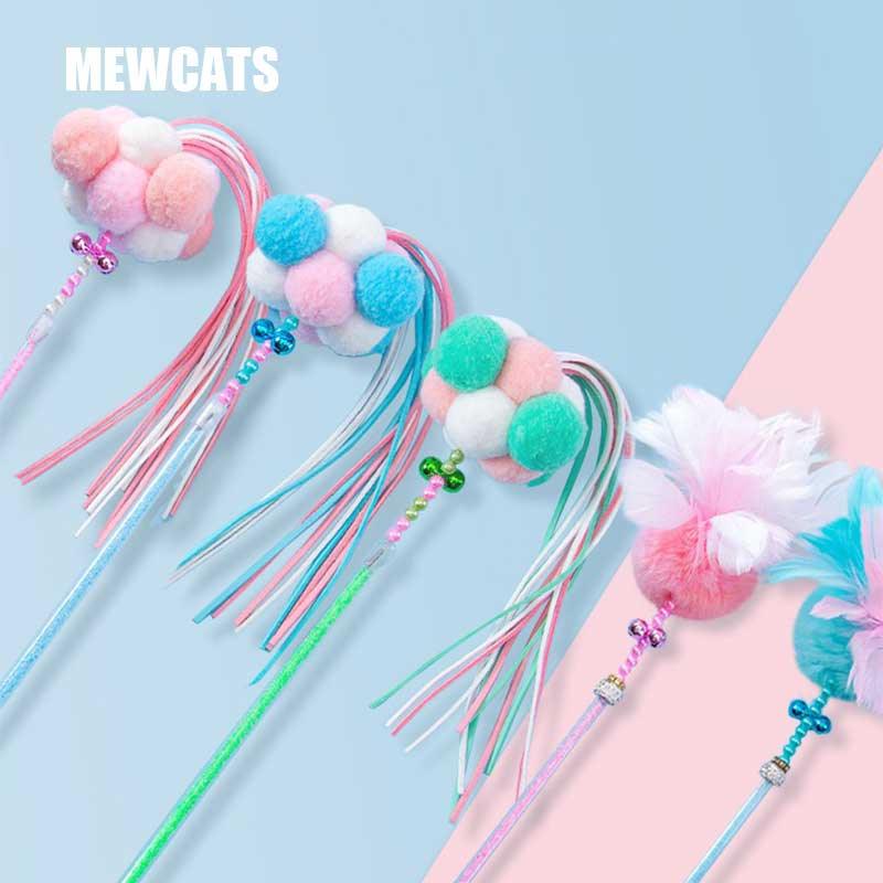 Cute Tassel Cat Colorful Interactive Cat Toy Wand Stick Combo