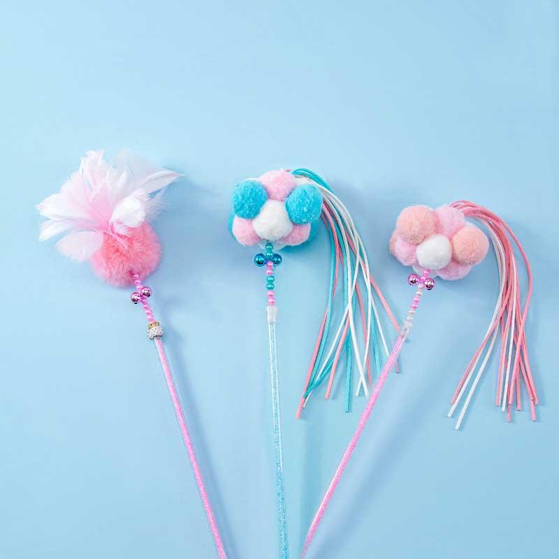 Cute Tassel Cat Colorful Interactive Cat Toy Wand Stick Combo