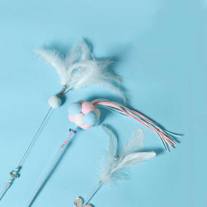 Cute Tassel Plush Feather Cat Colorful Interactive Cat Toy Wand Stick Combo - MEWCATS
