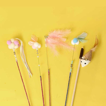 Cute Tassel Plush Feather Cat Colorful Interactive Cat Toy Wand Stick Combo