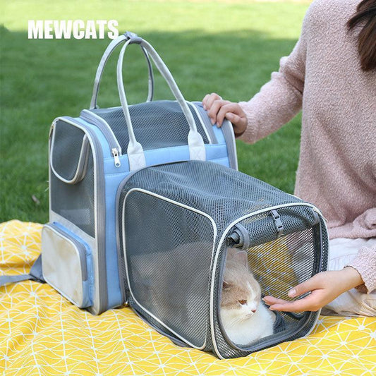 Mesh Expandable Cat Backpack Carrier Large Capacity Tote Blue Pet Handbag