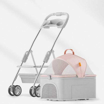 Foldable Cetachable Pet Stroller Pink Cat Carrier Handbag On Wheels Rolling