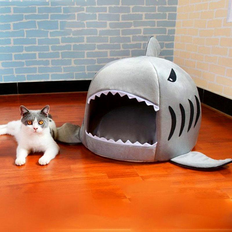 Cartoon Cat Bed Grey Shark Shape High Resilience Sponge Pet Nest
