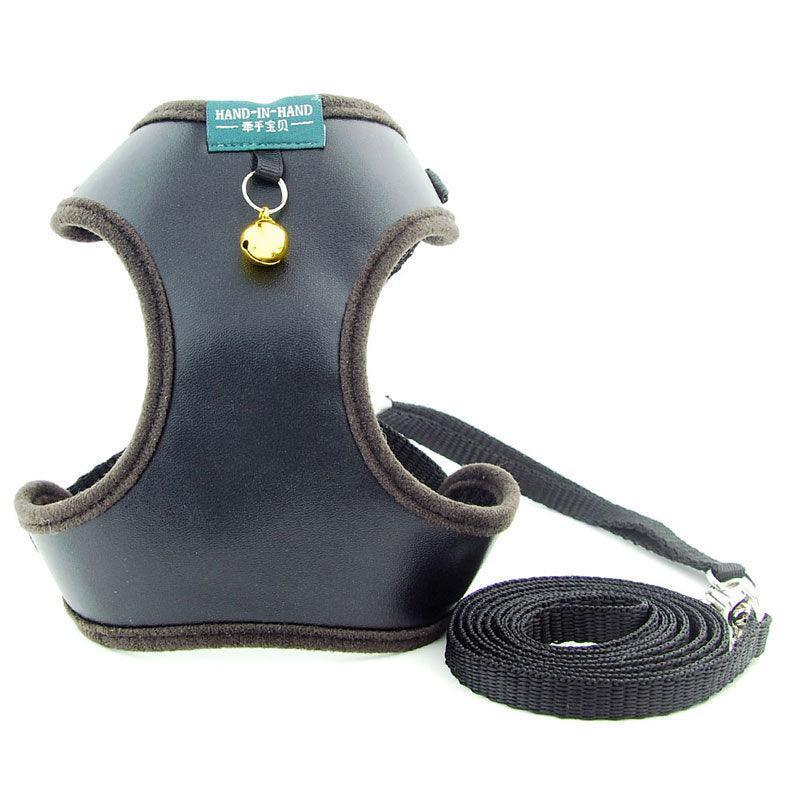 Cat Harness Vest Leash Imitation Leather Black Pet Adjustable Harness