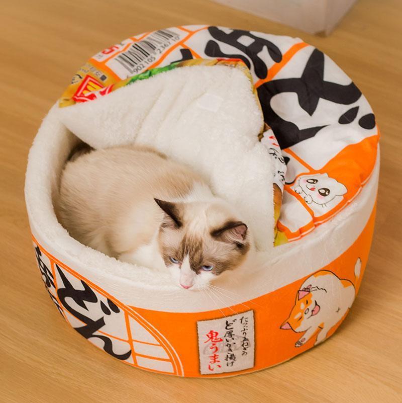 Instant Noodle Shape Cat Bed House Detachable Cushion Cute Orange Pet Nest