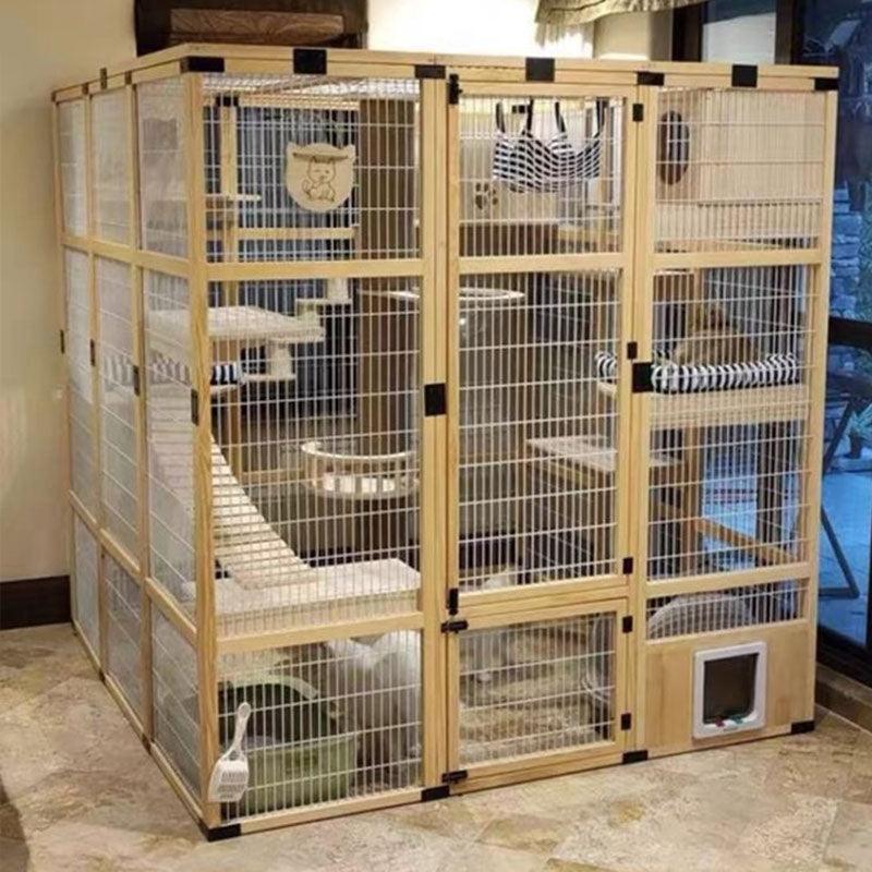 Large Wooden Outdoor Cat Enclosure White Mesh Villa – MEWCATS