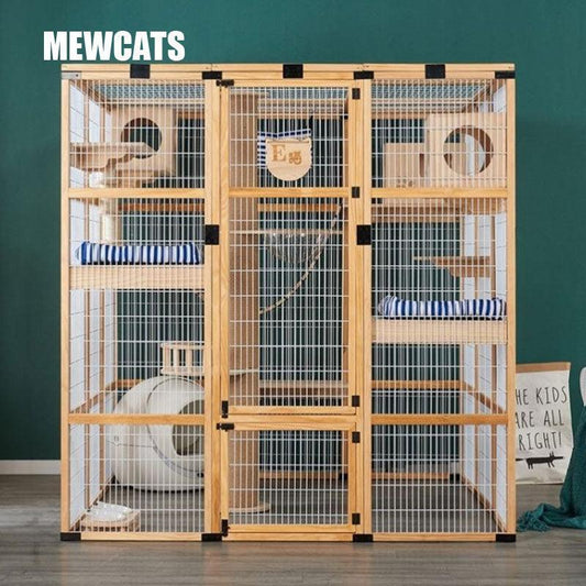 Large Wooden Outdoor Cat Enclosure White Mesh Villa - MEWCATS