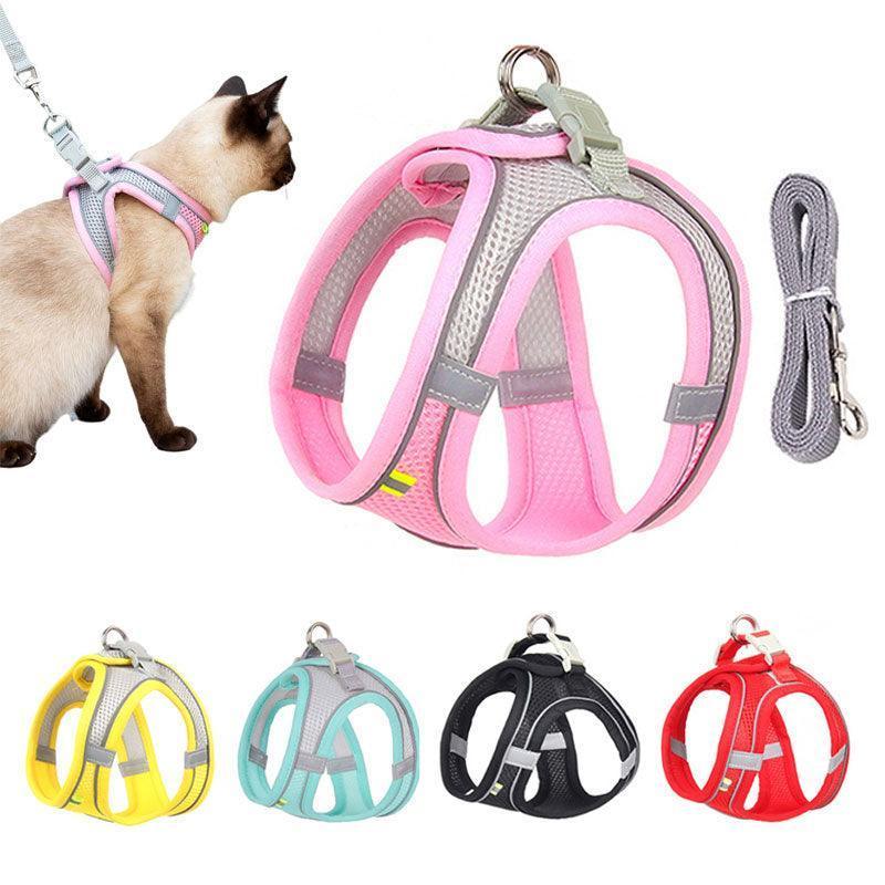 Cat Harness and Leash Adjustable Mesh 5 Color Reflective Vest Leash Set