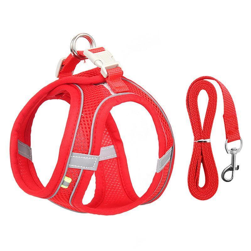 Cat Harness and Leash Adjustable Mesh Red Reflective Vest Leash Set