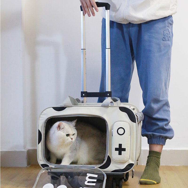 Cat Carrier Bag With Wheels Trolley Box Large Capacity Crossbody Pet Handbag