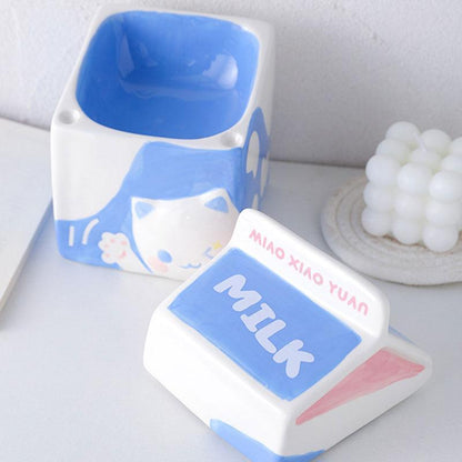 Milk Set Ceramic Cat Food Water Bowl Slant Elevated Bowl - MEWCATS