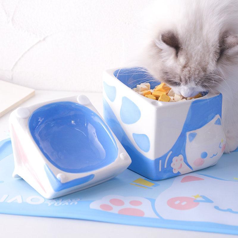 Milk Set Ceramic Cat Food Water Bowl Slant Elevated Bowl