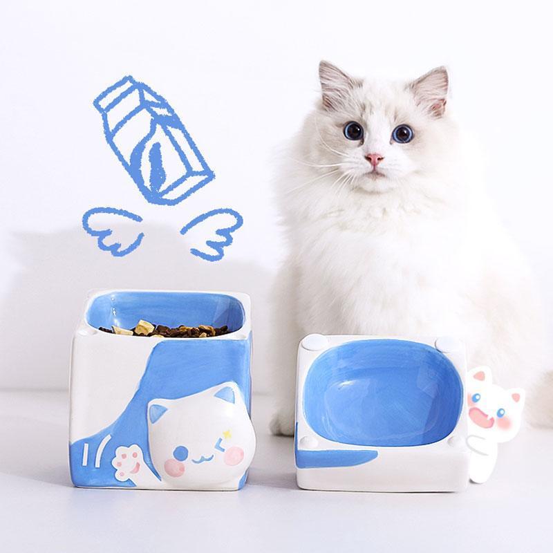 Milk Set Ceramic Cat Food Water Bowl Slant Elevated Bowl