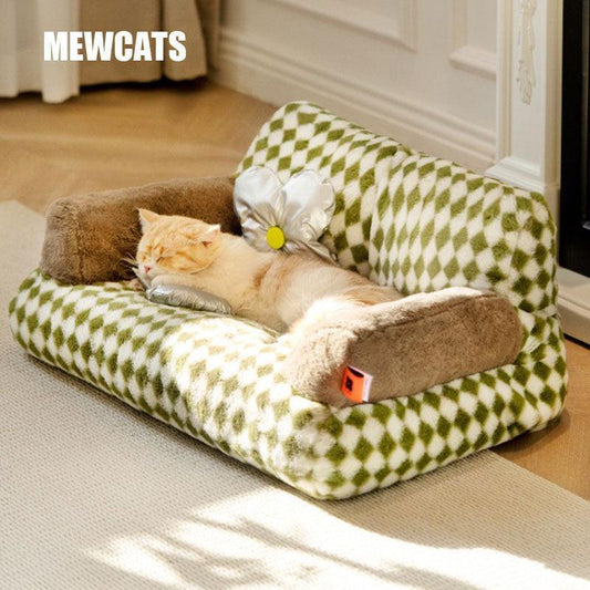 Cute Cat Bed Couch Retro Diamond Grid Comfortable Sofa Nest